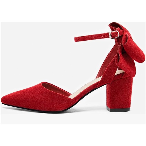 Coutgo Shoes - Coutgo Women's Chunky Heels Ankle Strap Pointed Toe Red Pumps Back Bow Size 9